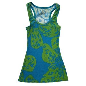 Y2K Style Rue 21 Floral Racerback Tank Top Blue Green Ribbed Lettuce Hem BabyTee